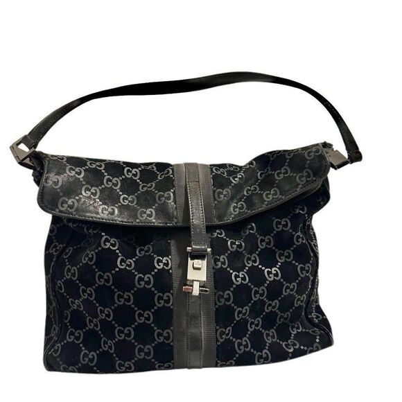 Elegant black suede gg Jackie bag with piston lock - Picture 9 of 16